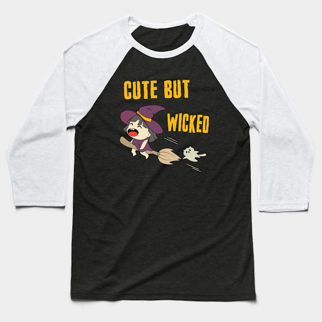 Cute But Wicked Chibi Witch Halloween Baseball T-Shirt by Foxxy Merch